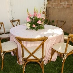 Satin pink linen, cross back chair, 48 inch round