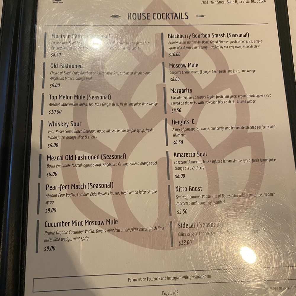 Heights Draft Room - Cocktail menu - Beer Bar Near Me - La Vista, Nebraska
