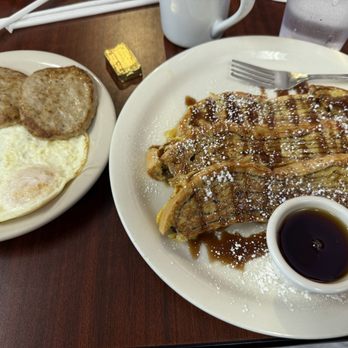 The Crowned Egg - Cinnamon roll French toast with eggs and turkey sausage - Breakfast & Brunch Near Me - Chandler, Arizona The Crowned Egg - Cinnamon roll French toast with eggs and turkey sausage - Breakfast & Brunch Near Me - Chandler, Arizona