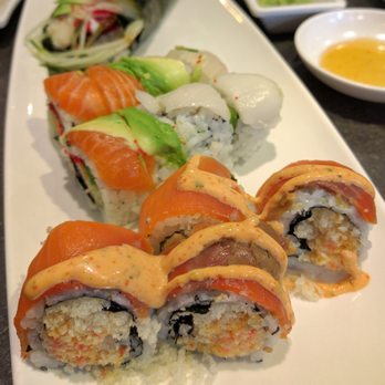 Moon Sushi - (front to back) Pink Lady roll, Rainbow roll, Dynamite hand roll - Japanese Near Me - Mississauga, Ontario