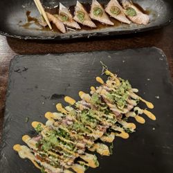 UMAMI Japanese Restaurant Lake Charles - Top: Yellowtail Carpaccio Bottom: Black Pepper Tuna Tataki