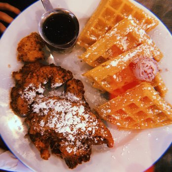 Peach Valley Cafè - Chicken and Waffles with blueberry butter and Cajun syrup! - Breakfast & Brunch Near Me - Gainesville, Florida Peach Valley Cafè - Chicken and Waffles with blueberry butter and Cajun syrup! - Breakfast & Brunch Near Me - Gainesville, Florida