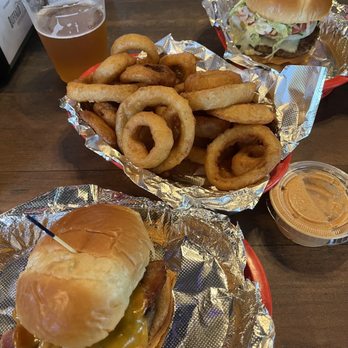 MoJoe's Burger Joint - Smokehouse cheddar and Half pound Smash. Basket of onion rings. - Burgers Near Me - Raleigh, North Carolina MoJoe's Burger Joint - Smokehouse cheddar and Half pound Smash. Basket of onion rings. - Burgers Near Me - Raleigh, North Carolina