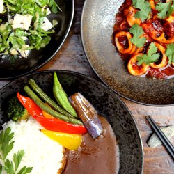 Benemon - Tofu Hijiki Salad, Hot Squid with Chopped Cilantro, Vegetable Curry