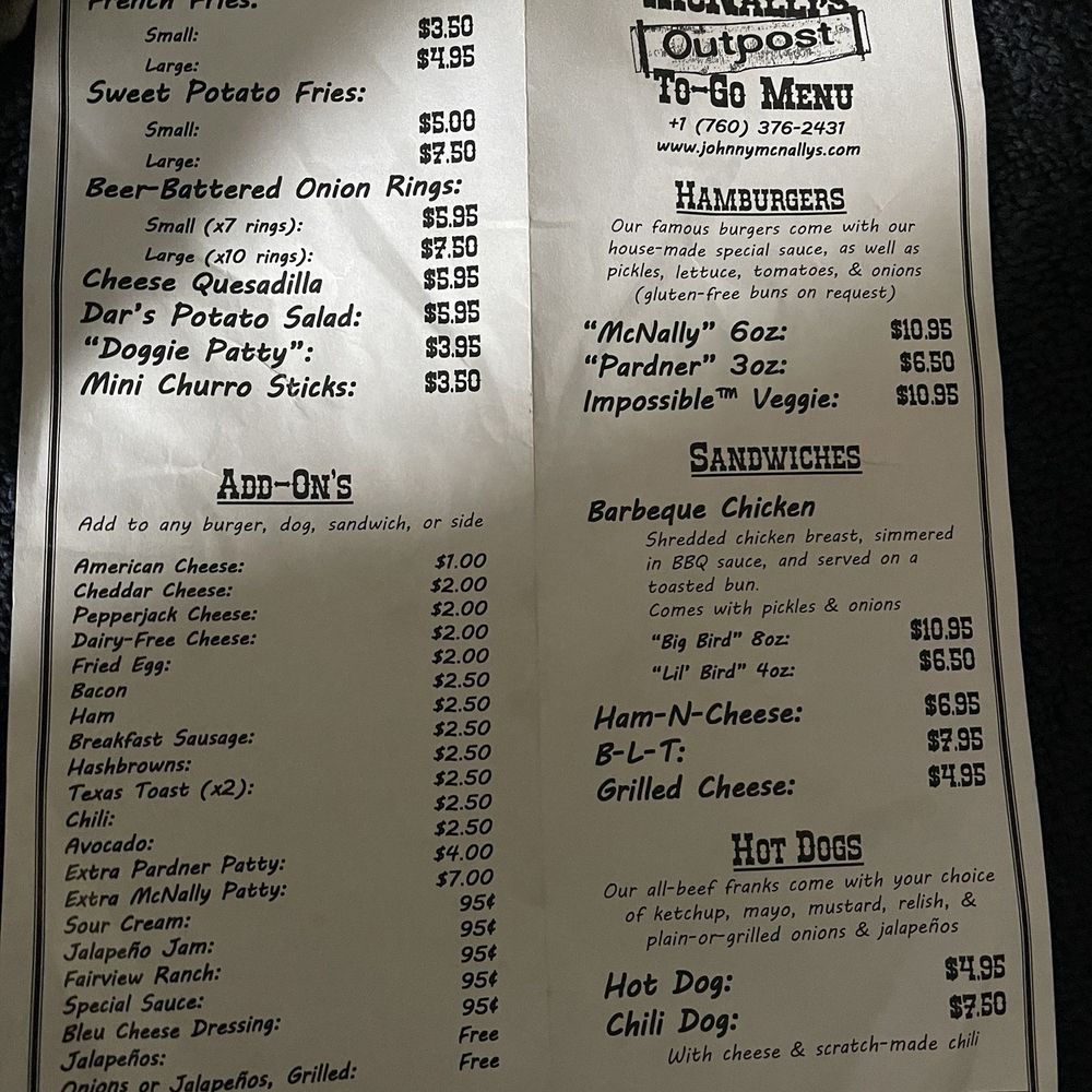 McNally's Outpost - Menu - Burgers Near Me - Kernville, California