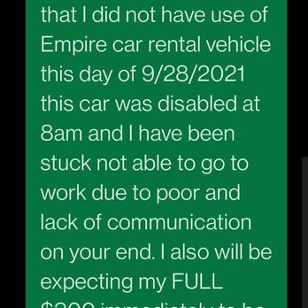 Empire Car Rental - Just sharing pieces of my one sided conversation. This was my last attempt to reach out before having to leave the vehicle. - Car Rental Near Me - Las Vegas, Nevada Empire Car Rental - Just sharing pieces of my one sided conversation. This was my last attempt to reach out before having to leave the vehicle. - Car Rental Near Me - Las Vegas, Nevada
