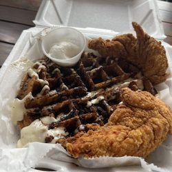 Waffle Bar - Oreo cheesecake waffles and chicken tenders.