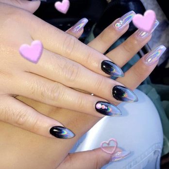 Ivy's Nails & Spa - Light purple halo with halo crystals and black with silver ombré with halo crystals - Nail Salons Near Me - Temecula, California
