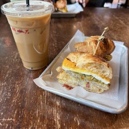 Iced latte with croissant sandwich Iced latte with croissant sandwich