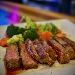 Sagos Tavern - The "Jason Special" Top Sirloin Steak and a side of steamed vegetables