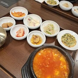 9 side dishes with tofu soup (not shown mini salad and mushroom soup before meal) 9 side dishes with tofu soup (not shown mini salad and mushroom soup before meal)