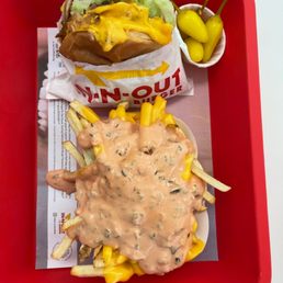 ows a red tray with fries and a cheeseburger ows a red tray with fries and a cheeseburger