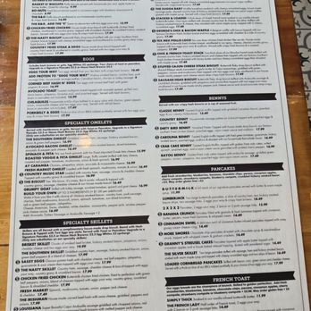 The Southern Cafe - Menu from The Southern Cafe in Roselle, IL, displaying breakfast options including biscuits, eggs, omelets, and specialty dishes. Items feature Southern cuisine influences, with detailed descriptions and prices. The menu includes signature breakfast items, specialty omelets, and pancakes, with options for customization and dietary preferences. The layout is organized with section headings and item descriptions, emphasizing breakfast staples and unique offerings. - Southern Near Me - Roselle, Illinois