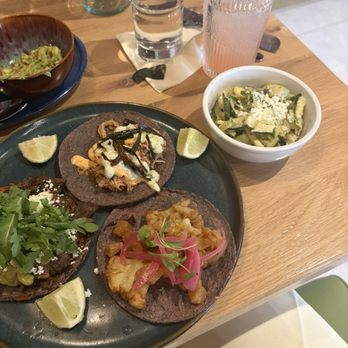 Amasa - 3 tacos (top-chicken tinga, left- carne asada, bottom-cauliflower al pastor) and side zucchini. Prickly pear margarita. - Mexican Near Me - Alpharetta, Georgia Amasa - 3 tacos (top-chicken tinga, left- carne asada, bottom-cauliflower al pastor) and side zucchini. Prickly pear margarita. - Mexican Near Me - Alpharetta, Georgia