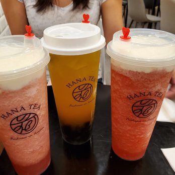 Hana Tea - L to R: watermelon cheese tea (4/5), jasmine fruit tea w boba (friend drank this/likes this), strawberry cheese tea (3/5) - Bubble Tea Near Me - Honolulu, Hawaii
