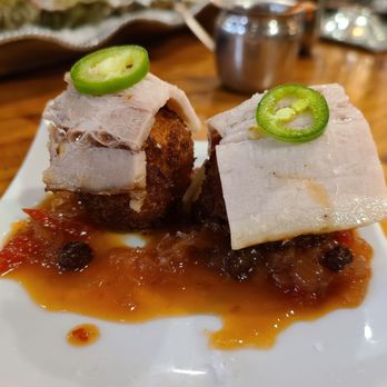 Orchard City Kitchen - Pork Belly Grit'ncini, $6 for one bite, this was two bites! - New American Near Me - Campbell, California