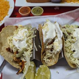 Mixed tacos (sub lettuce, cheese and sour cream for the onions and cilantro). You get 1 chicken, 1 steak and 1 shrimp plus rice and beans Mixed tacos (sub lettuce, cheese and sour cream for the onions and cilantro). You get 1 chicken, 1 steak and 1 shrimp plus rice and beans