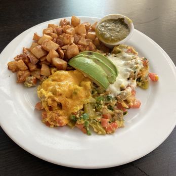 Bea Bea’s - Volcano scrammple Eggs/turkey sausage with potatoes and a delicious Verde salsa. - Coffee & Tea Near Me - Glendale, California Bea Bea’s - Volcano scrammple Eggs/turkey sausage with potatoes and a delicious Verde salsa. - Coffee & Tea Near Me - Glendale, California