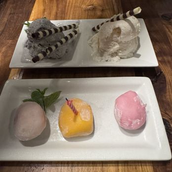 Nuka - Seasame and Sour Sap Ice cream on the top. Variety of Mochi Ice cream on the bottom. - Sushi Bars Near Me - Haiku-Pauwela, Hawaii Nuka - Seasame and Sour Sap Ice cream on the top. Variety of Mochi Ice cream on the bottom. - Sushi Bars Near Me - Haiku-Pauwela, Hawaii