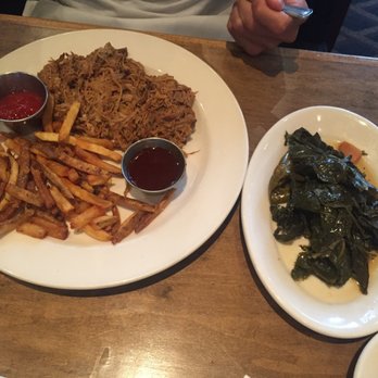 Lucky 32 Southern Kitchen - pulled pork on johnny cakes - Voodoo Sauce™ + fries + collard greens [+2 sides] - New American Near Me - Cary, North Carolina