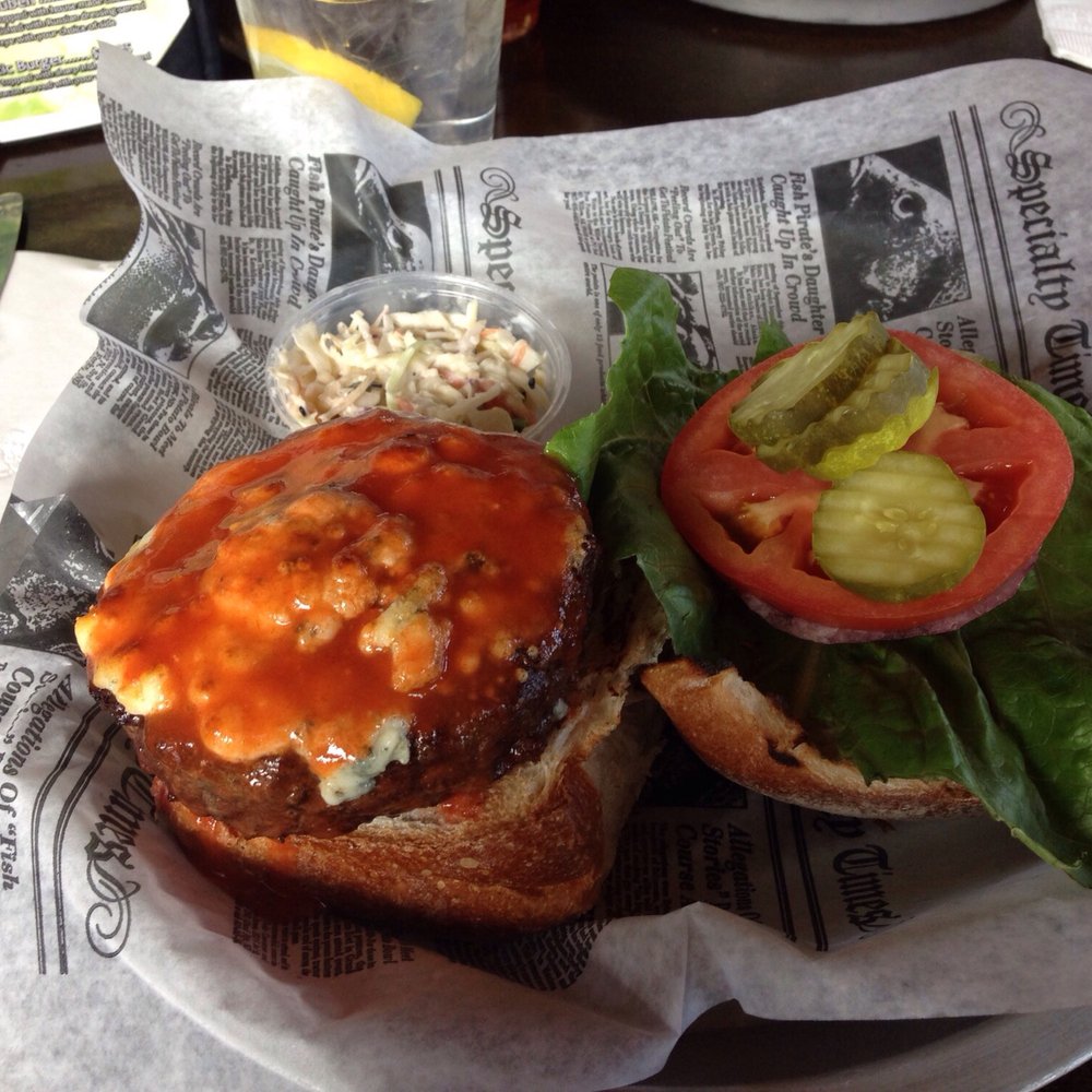 Five Points Cafe - Buffalo and blue cheese burger, without fries costed like 13.00. - Burgers Near Me - Sayville, New York Five Points Cafe - Buffalo and blue cheese burger, without fries costed like 13.00. - Burgers Near Me - Sayville, New York