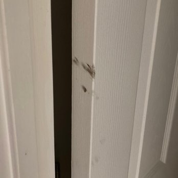 Carpet Decor - a close up of a door handle - A white door frame with noticeable scratches and scuff marks, showing signs of wear and tear. - Carpeting Near Me - Ashburn, Virginia