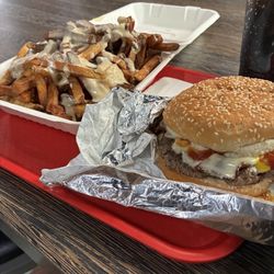 Bacon cheese burger, regular size cheese fries