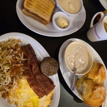 Blue Mound Cafe - Little Road - Texas Two Step : 2 biscuits with gravy, 2 bacon strips, sausage, eggs, hash browns - Cafes Near Me - Arlington, Texas