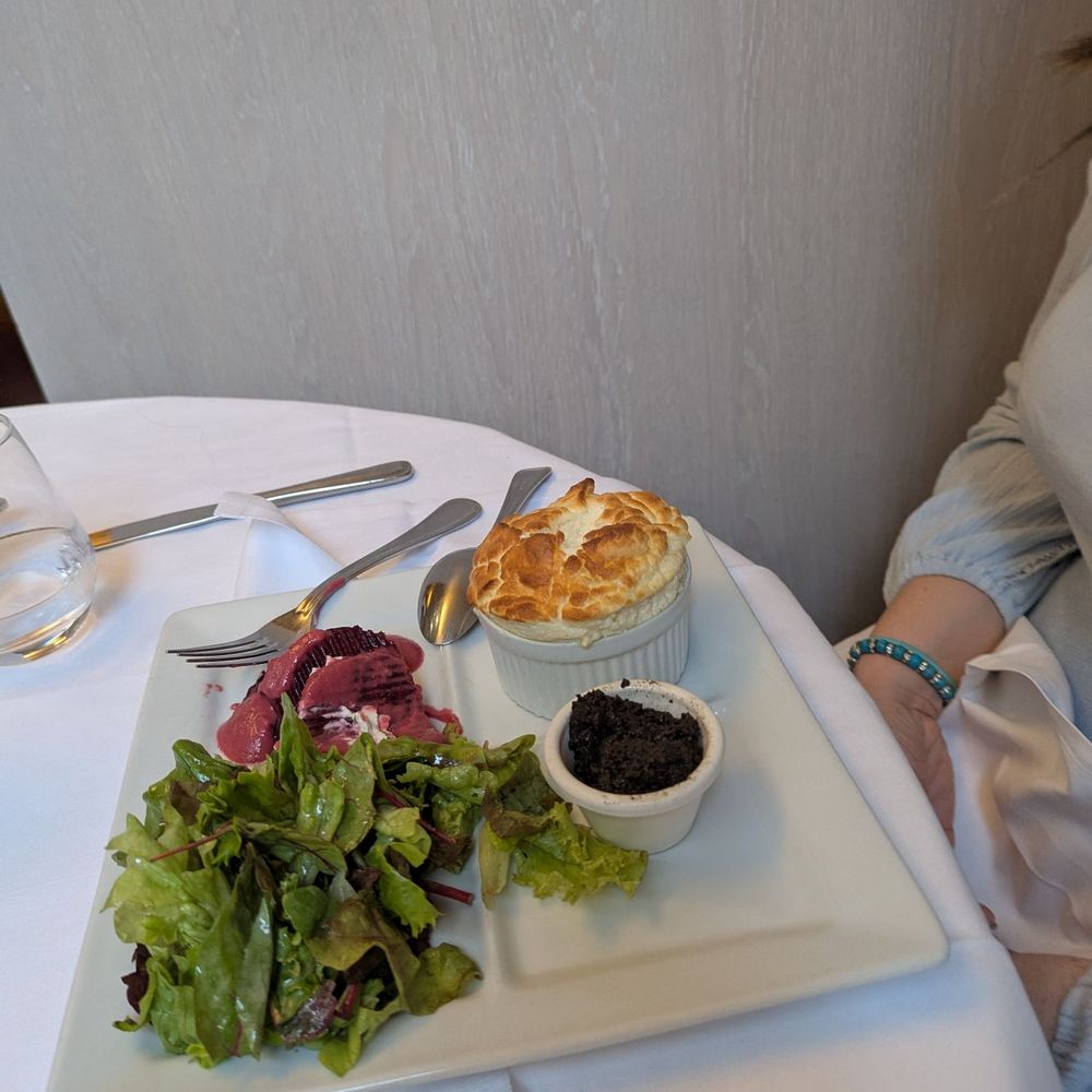 Beer and goat cheese tower and  rosemary souffle.