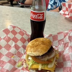 Oma's Jiffy Burger - Double cheese burger ($6.50) and a glass bottle of coke!