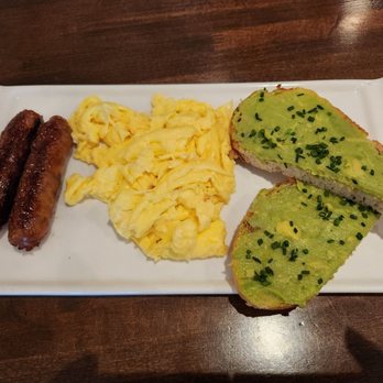 Great Maple - Modern American Breakfast: 2 sausages, 2 scrambled eggs, and 2 avocado toasts. - Breakfast & Brunch Near Me - Anaheim, California