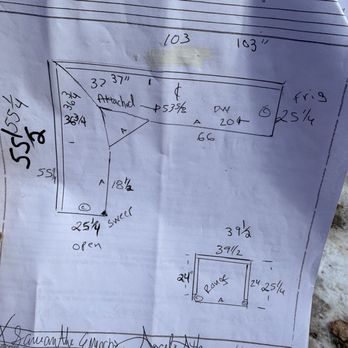 Lowe's Home Improvement - How the countertop was supposed to be made. - A hand-drawn blueprint with measurements and notes for a custom furniture project, including dimensions and attachment details. - Hardware Stores Near Me - Schererville, Indiana