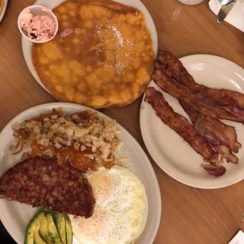 Millbrae Pancake House - CBH eggs over medium, side of bacon, avocado and Swedish Pancakes as always! - American Near Me - Millbrae, California