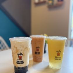 Yorba Linda Station - Brown Sugar Latte, Tiger Milk Tea (center), Peach Lychee Slush w Crystal boba 2.27.26