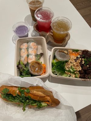 Photo of Bun & Mi - Santa Monica, CA, US. Chicken Banh Mi, Spring Rolls, Shaken Beef Noodle Bowl