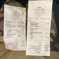 Fai's Chinese Restaurant - Our receipt Prood of purchase sadly