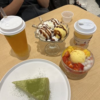 Mango Mango Dessert - A3. Strawberry Mango Juice Sago and Lychee Jelly with Mango Ice Cream I05. Triple Ice Cream Delight S15. Green Tea Mille Crepe Cake - Desserts Near Me - West Lafayette, Indiana