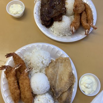 M & M BBQ - 1st lunch plate-teriyaki beef and fried shrimp 2nd lunch plate-fried shrimp and mahi - Hawaiian Near Me - Aiea, Hawaii M & M BBQ - 1st lunch plate-teriyaki beef and fried shrimp 2nd lunch plate-fried shrimp and mahi - Hawaiian Near Me - Aiea, Hawaii
