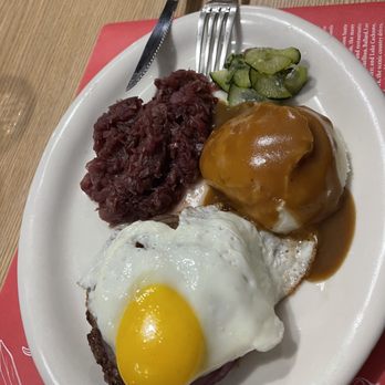 Red Viking Restaurant - Steak with sunny side egg, mashed potatoes and gravy, with side cucumber salad & red cabbage - Breakfast & Brunch Near Me - Solvang, California Red Viking Restaurant - Steak with sunny side egg, mashed potatoes and gravy, with side cucumber salad & red cabbage - Breakfast & Brunch Near Me - Solvang, California