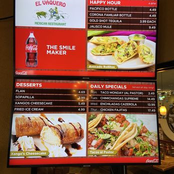 El Vaquero Mexican Restaurant - Electronic specials board as you walk in - Mexican Near Me - Blue Ash, Ohio El Vaquero Mexican Restaurant - Electronic specials board as you walk in - Mexican Near Me - Blue Ash, Ohio