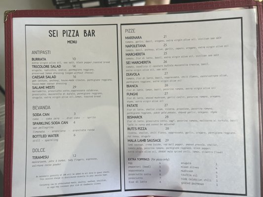 Menu photo 1 Sei Pizza Bar Los Angeles, CA Menu photo 1 Sei Pizza Bar Los Angeles, CA