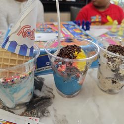 NYC Crepes-N-Shakes - Options of 1, 2, or 3 scoops of ice cream. This is one scoop (L-R): Birthday Cake, Superman, Cookies and Cream.