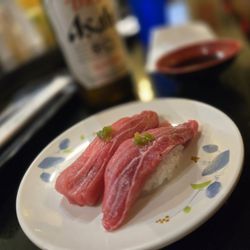 Maki Sushi - Toro sushi, flash frozen and thawed correctly. Great texture with premium, real, wasabi. Very fatty, the waygu of Blue Fin.