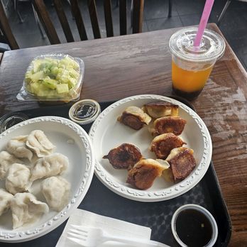 Kathy's Dumplings - Cucumber salad (dressing: vinegar, chili oil, sesame oil, sugar, salt; scallion + cucumber) The dumplings + tea drink - Chinese Near Me - Brooklyn, New York Kathy's Dumplings - Cucumber salad (dressing: vinegar, chili oil, sesame oil, sugar, salt; scallion + cucumber) The dumplings + tea drink - Chinese Near Me - Brooklyn, New York