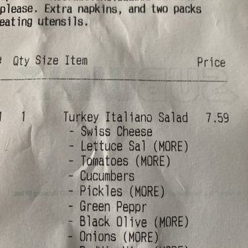 Subway - Receipt showing order w special instructions. - Sandwiches Near Me - Lewiston, Maine
