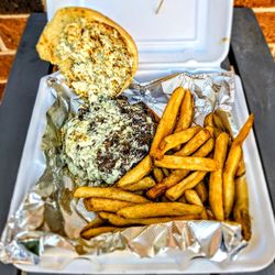 McCloskey's Tavern - Black and Bleu burger with Fries. $18