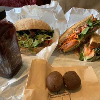 Alchemy Café - Lunch! Smoke salmon club, basil portobello, beet juice and Cocoa and peanut butter dessert. - Cafes Near Me - Columbus, Ohio