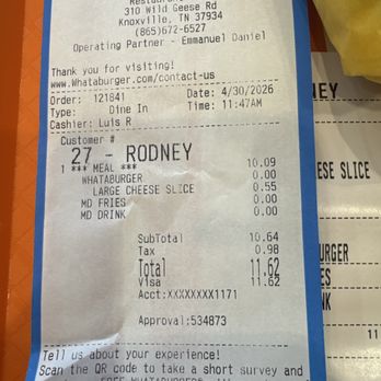 Whataburger - Receipts - Burgers Near Me - Knoxville, Tennessee