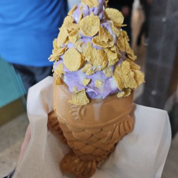 Neko Neko - Taiyaki Cone with Ube Soft Serve, Red Bean Filling, Condensed Milk & Corn Flake Toppings - Desserts Near Me - Albuquerque, New Mexico