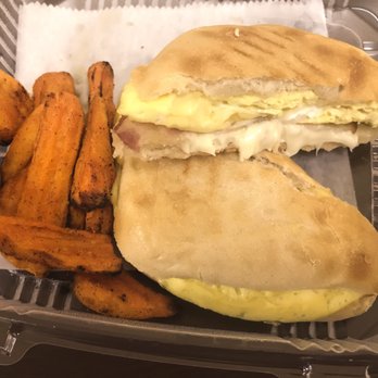 The Portico Cafe - 2 Egg, Bacon & American Breakfast Sandwich with Sweet Potato Wedges - Coffee & Tea Near Me - Tampa, Florida